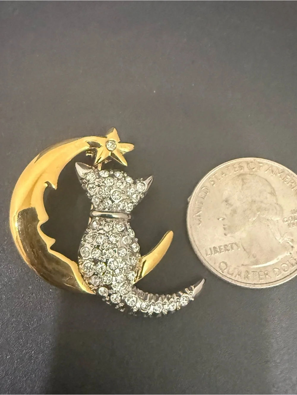 Vintage Unsigned Pave Crystal Cat Perched on Crescent Moon Brooch